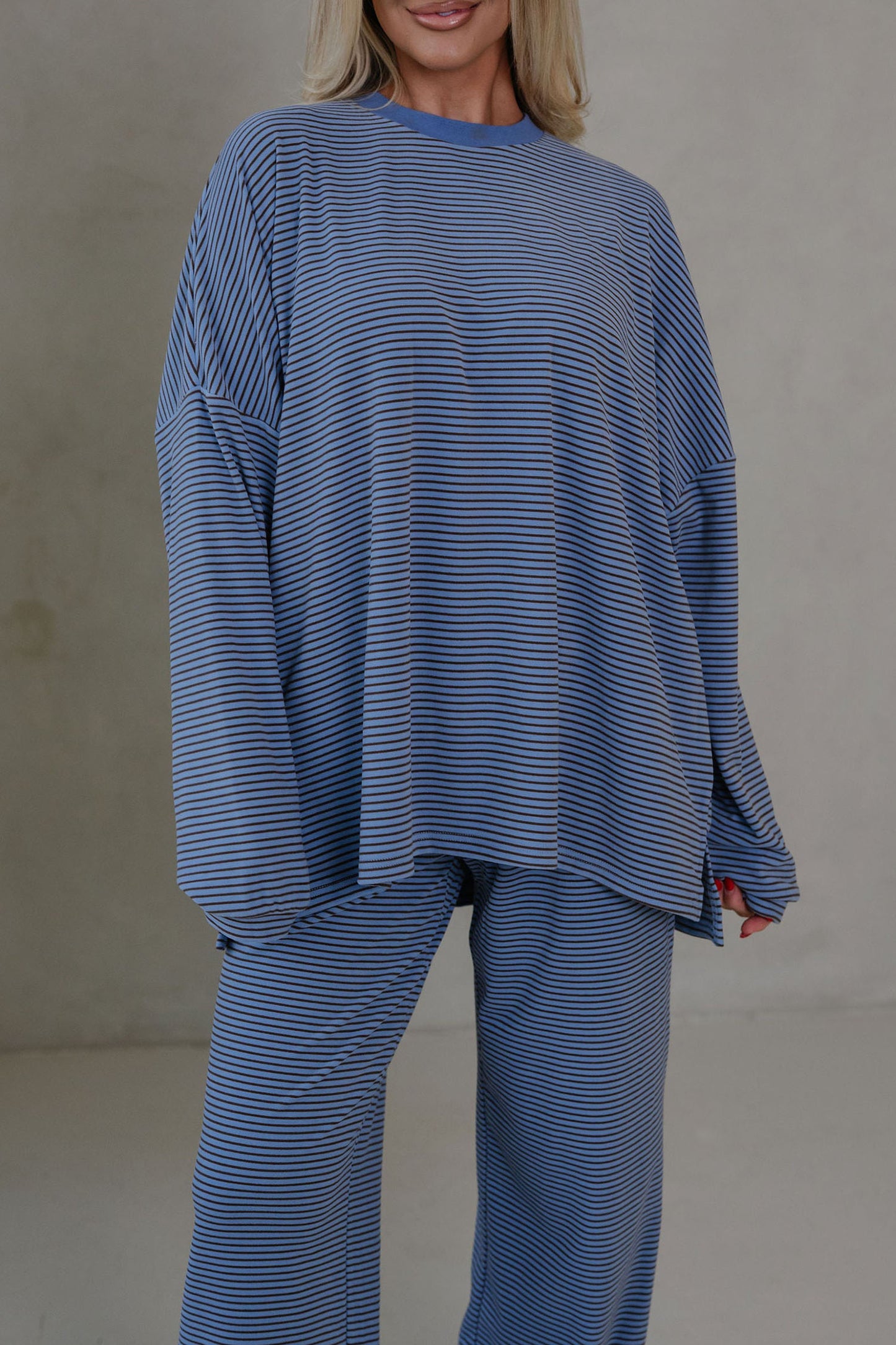 Pink Striped Drop Shoulder Long Sleeve Pant Set