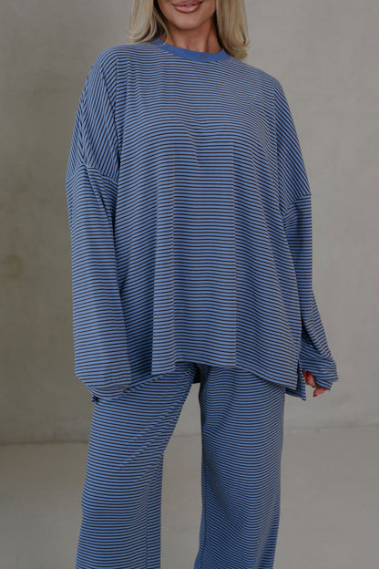 Pink Striped Drop Shoulder Long Sleeve Pant Set
