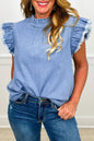 White Frilled Collar Flutter Sleeve Denim Top