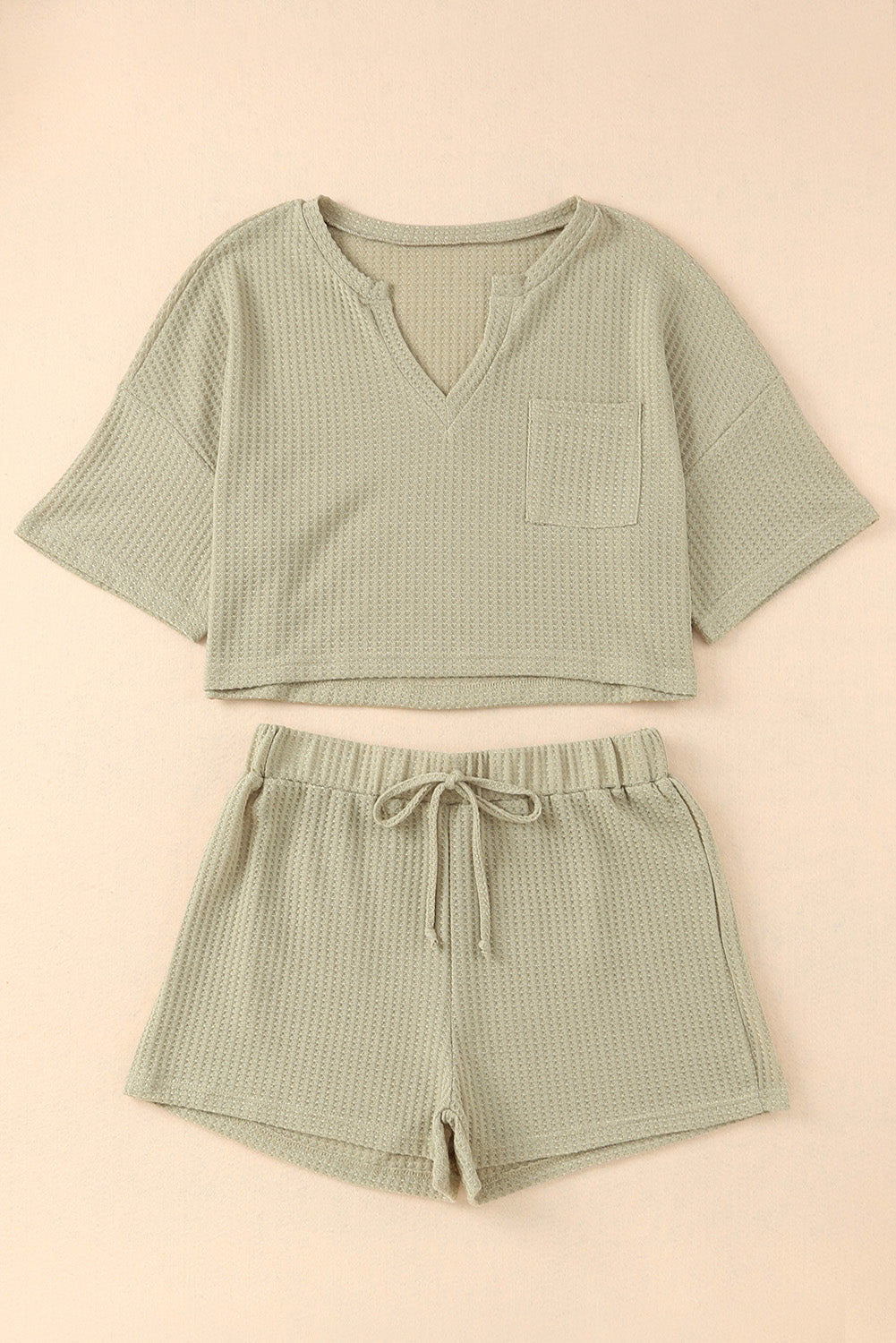 Grey V Neck Waffle Knit Crop Top & Drawstring Shorts Set