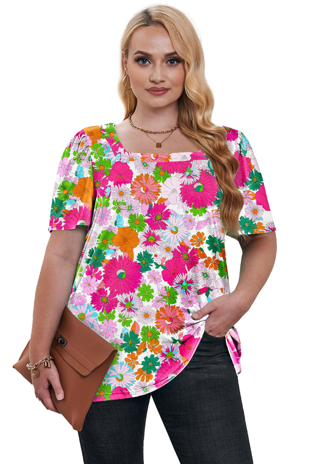 Multicolor Plus Size Square Neck Ruched Shoulder Short Sleeve Top