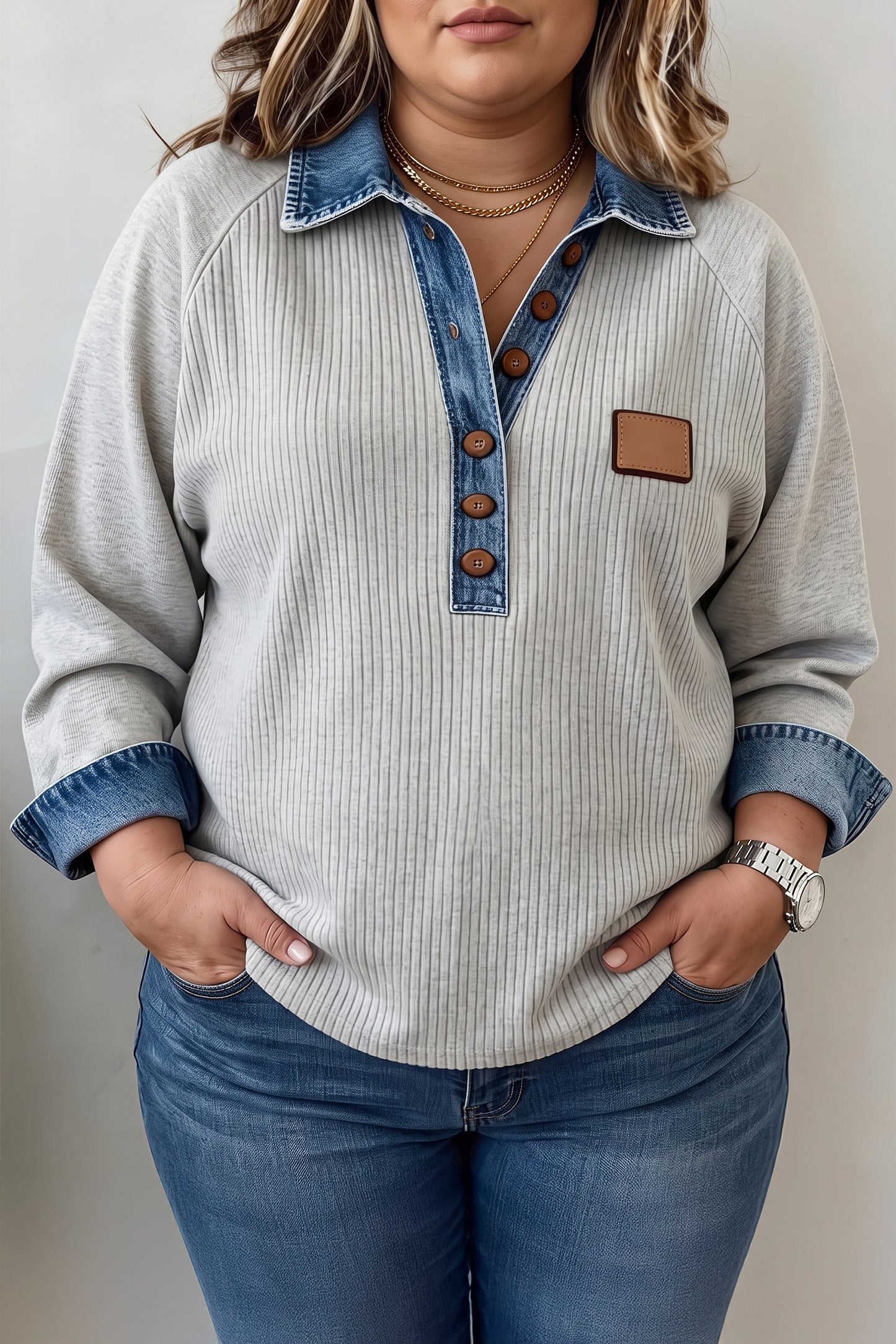 Light Grey V-Neck Long Sleeve Tunic Top with Denim Collar Cuffs Ribbed Texture Plus Size Blouse