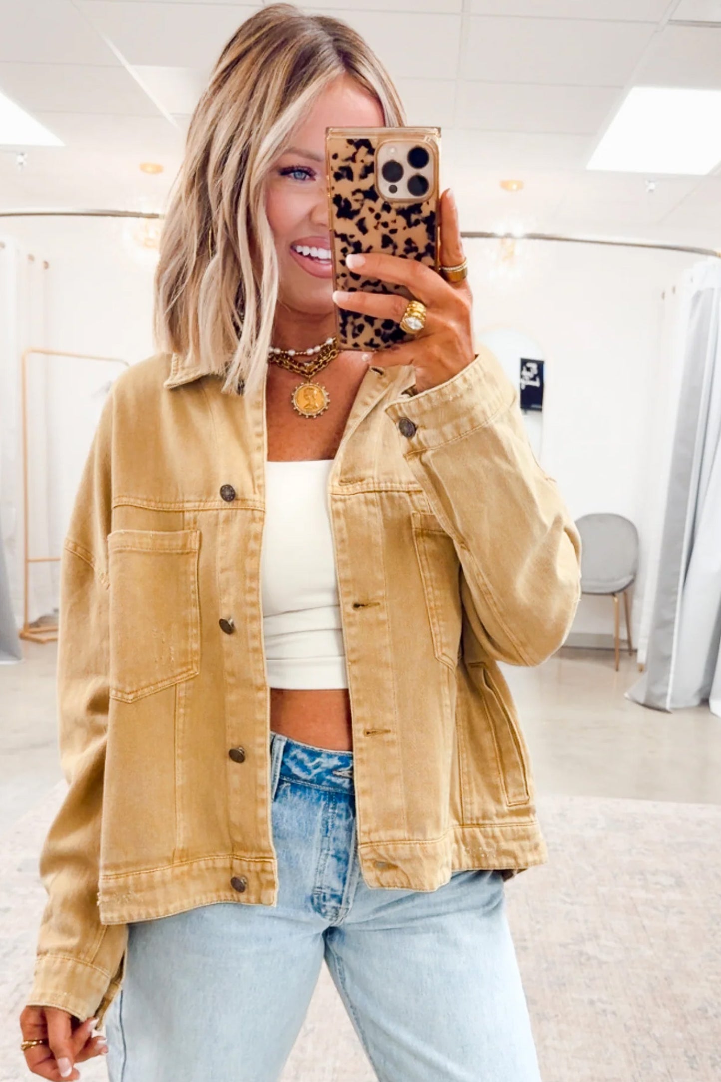 honey gold Metal Button Front Long Sleeve Collar Denim Jacket
