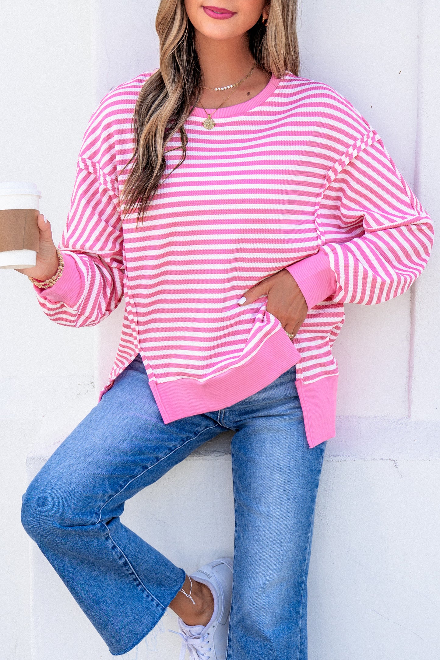 Pink Stripe Textured Knit Color Block Trim Split Hem Long Sleeve Top