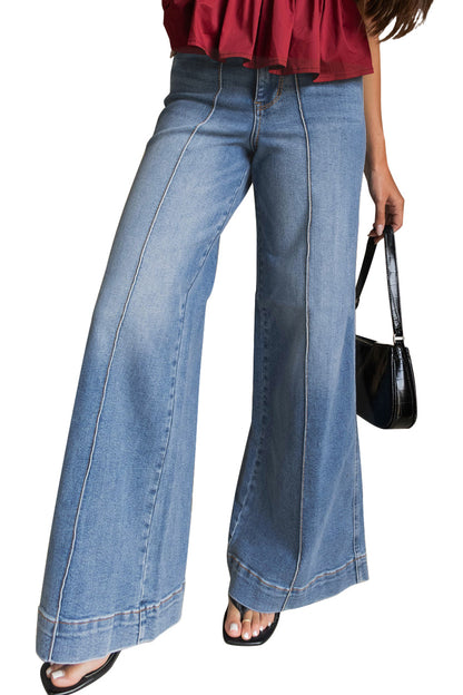 Dusk Blue Piping Seam Detail Flare Leg Pocket Jeans