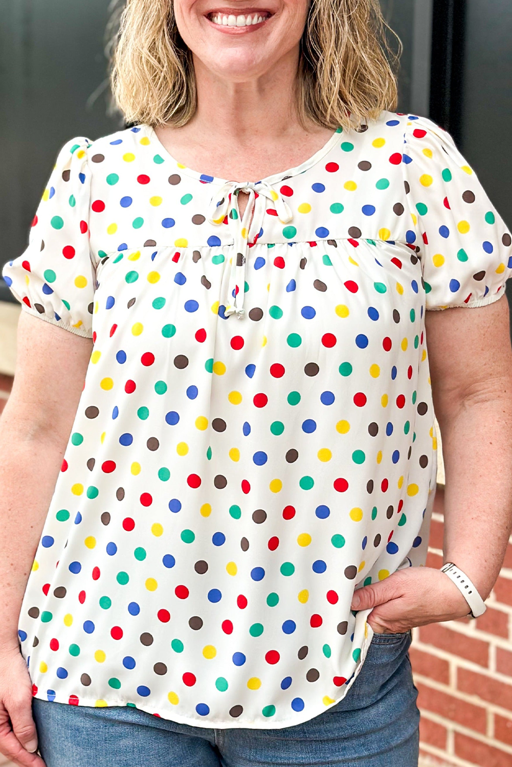 Apricot Plus Size Colorful Polka Dots Tie Neck Puff Sleeve Blouse