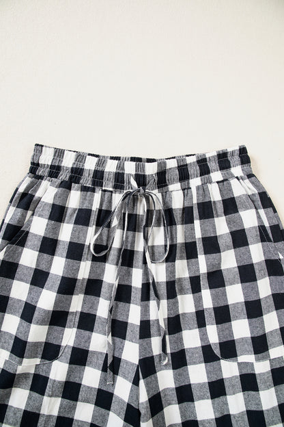 Brown Gingham Plaid Tie Elastic Waist Shift Pants
