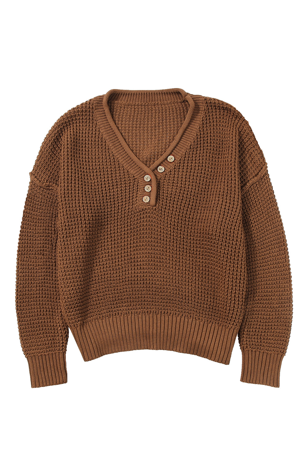 Coffee Pointelle Knit Button V Neck Drop Shoulder Sweater