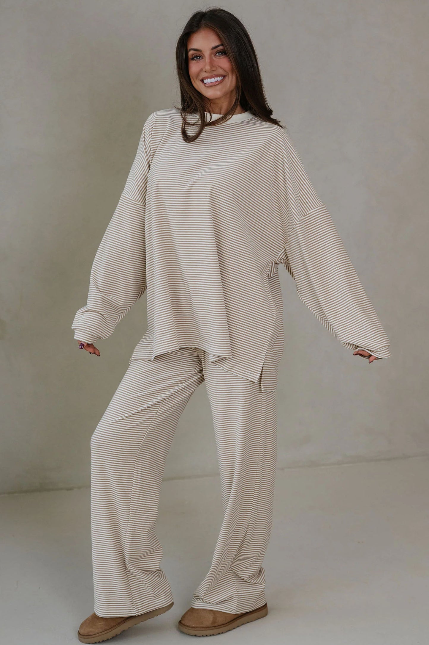 Pink Striped Drop Shoulder Long Sleeve Pant Set