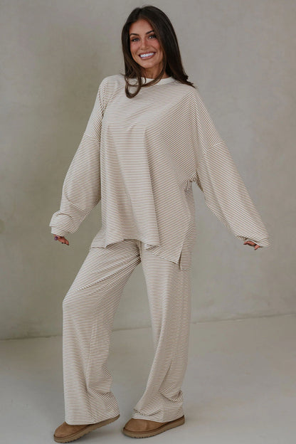 Pink Striped Drop Shoulder Long Sleeve Pant Set