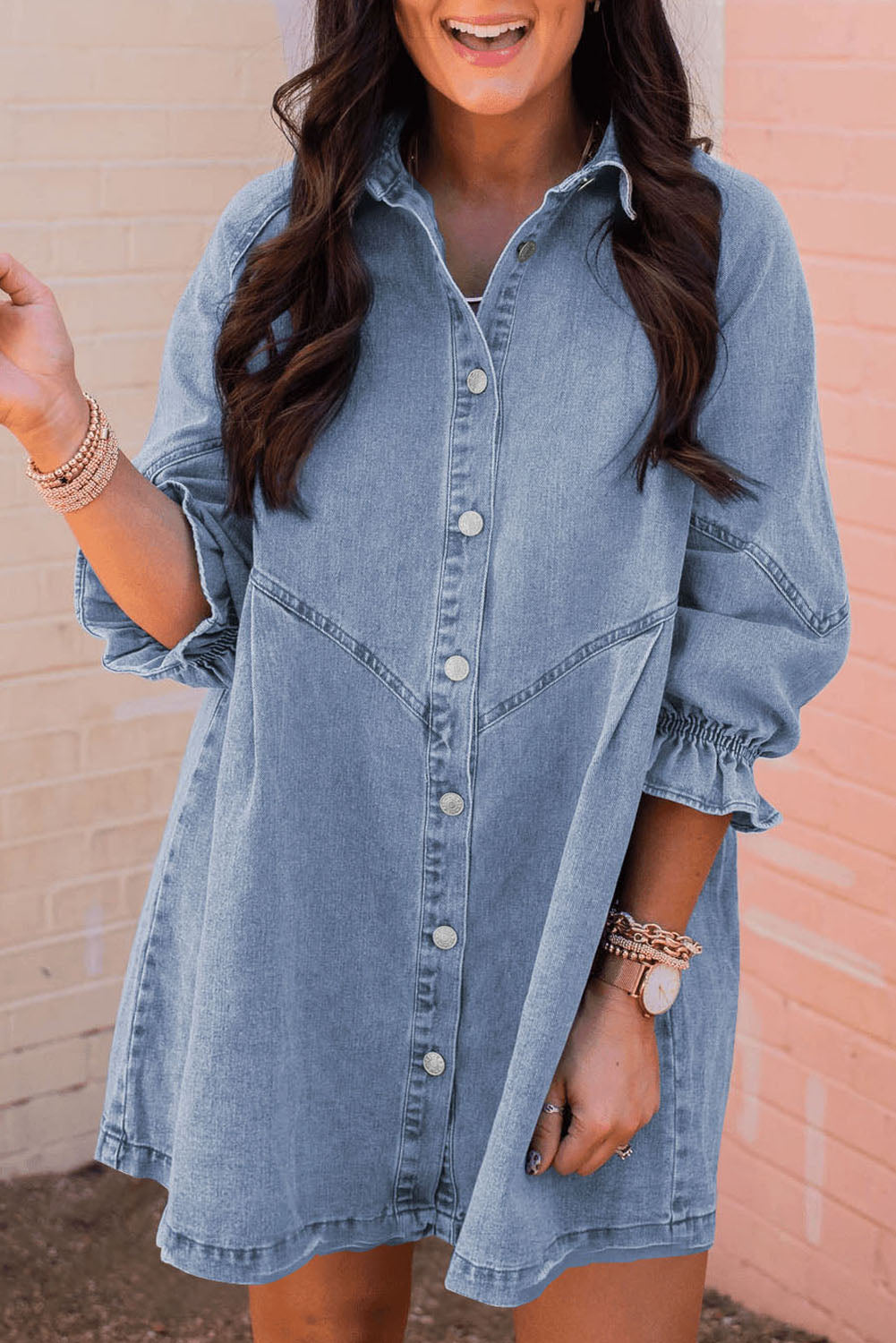 Light Blue Ruffled 3/4 Sleeve Buttoned Front Plus Size Denim Dress