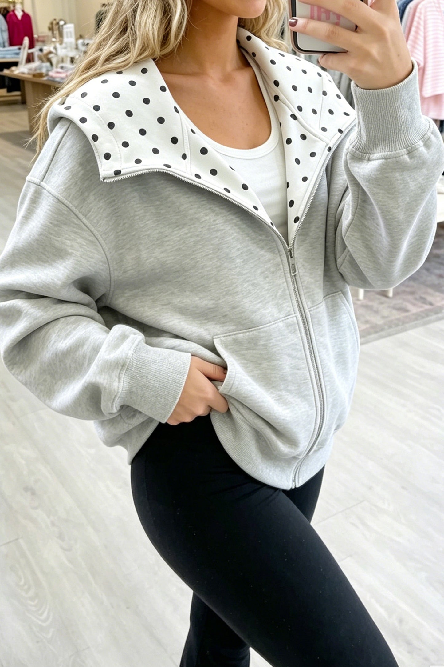 Yellow Cream Polka Dot Hooded Zip-Up Sweatshirt