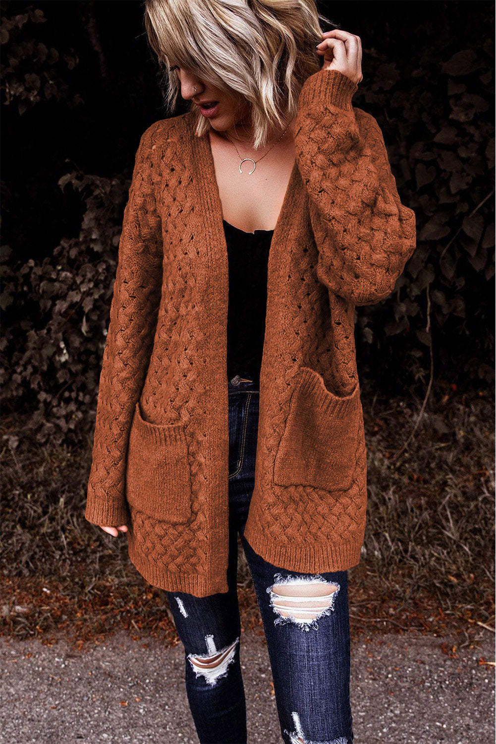 Chestnut Weave Knit Side Pockets Plus Size Cardigan