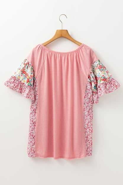 Pink Plus Size Floral Patchwork Ruffle Short Sleeve Blouse