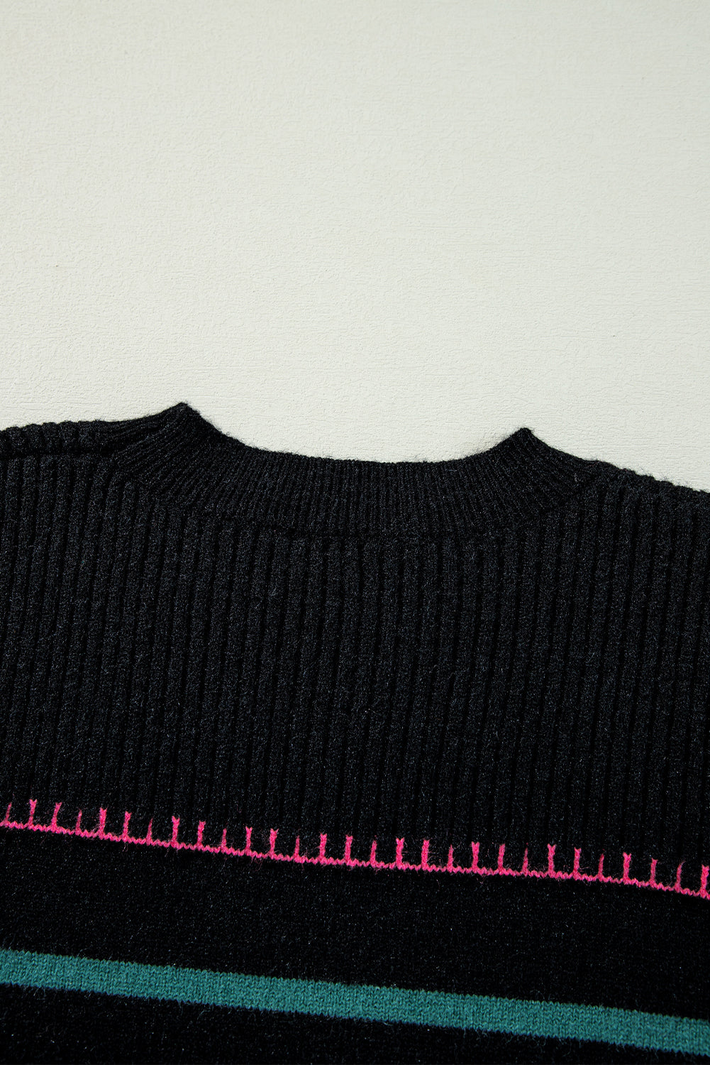 Black Colorful Striped Ribbed Trim Sweater