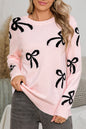Light Pink Bow Print Long Sleeve Loose Fit Sweater