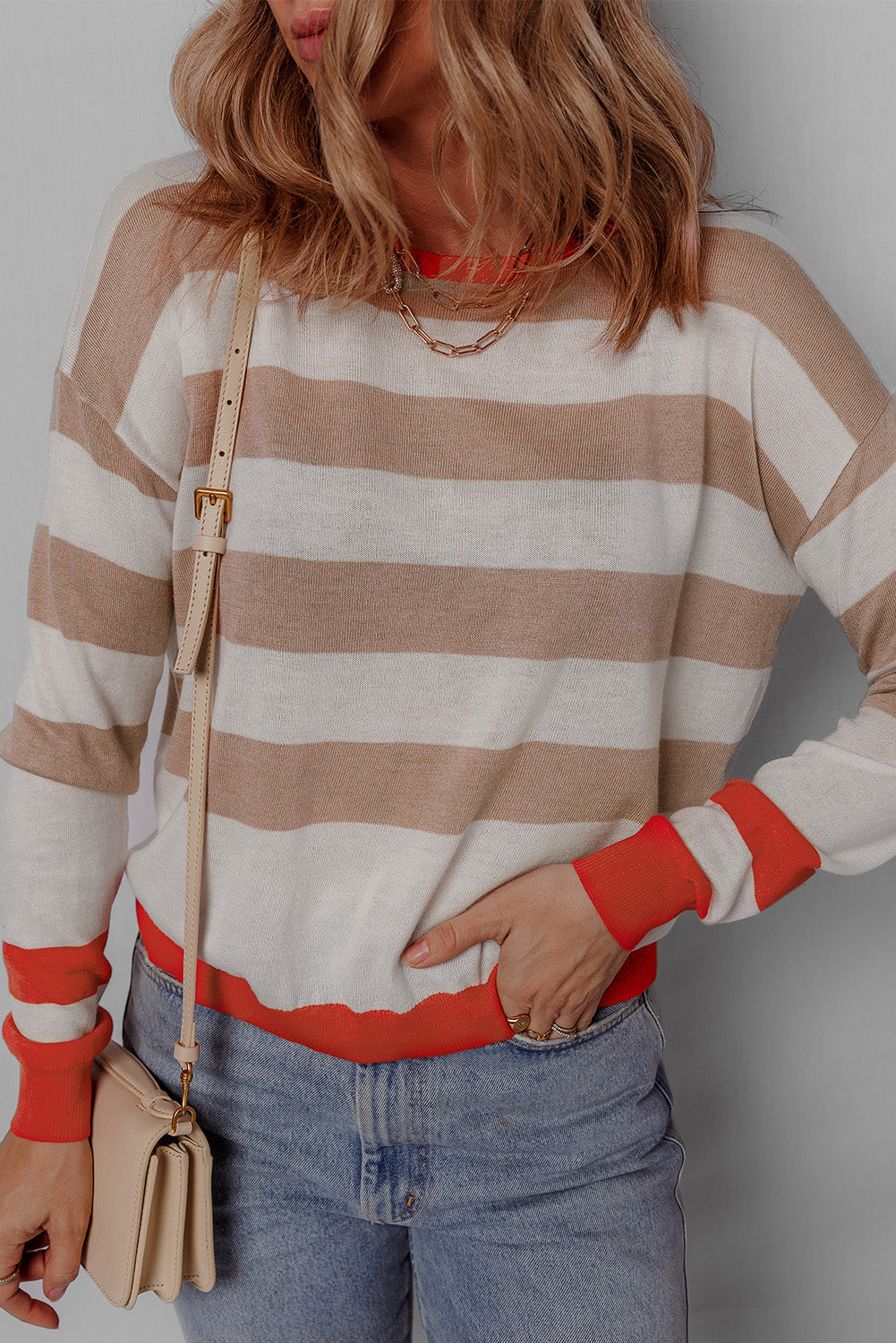 Apricot Colorblock Striped Round Neck Drop Shoulder Sweater