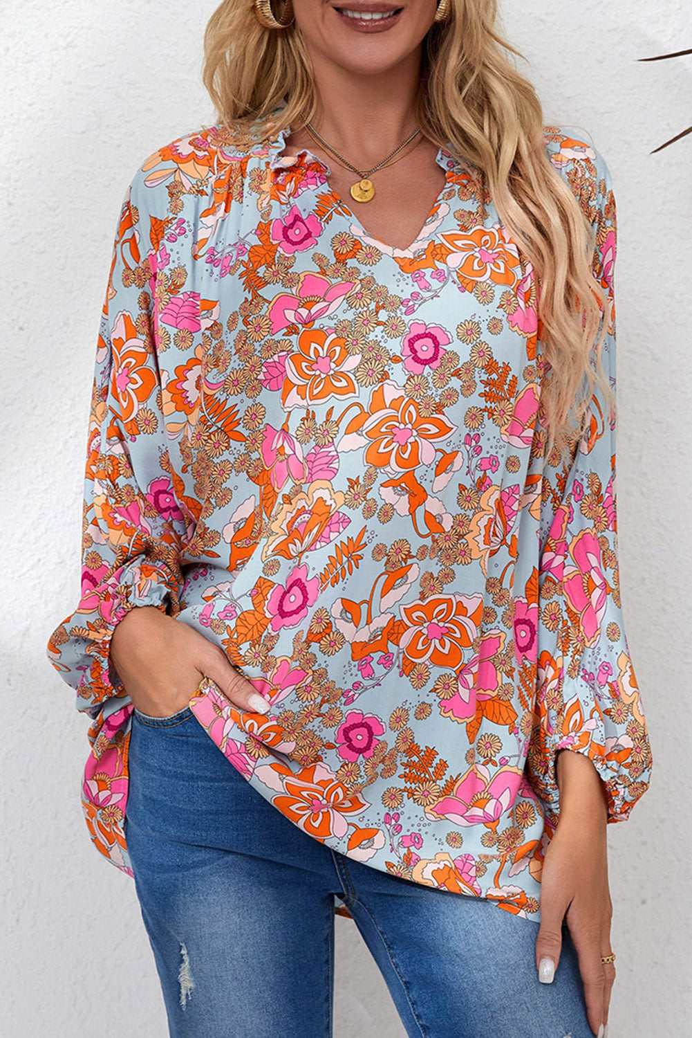 Blue Frilled Off Shoulder Floral Blouse