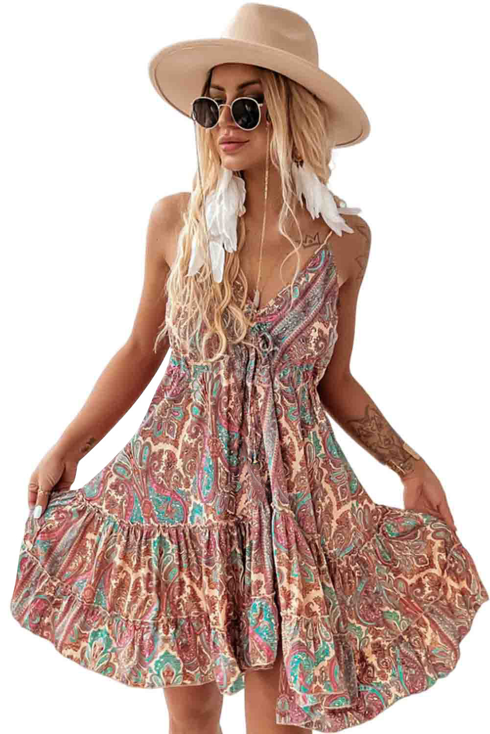 Paisley Print Sleeveless V-Neck Tassel Tie Ruffle Dress