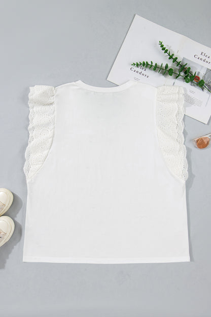 White Eyelet Crochet Splicing Short Sleeve Plus Size Tee