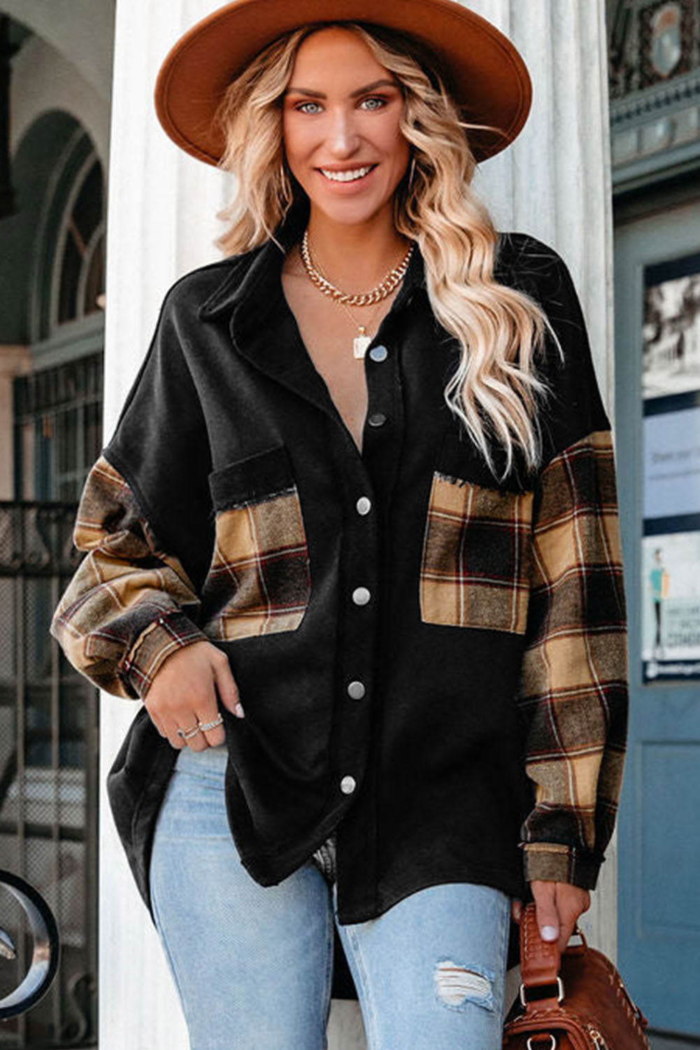 Rose Plaid Patchwork Chest Pockets Oversized Shirt Jacket