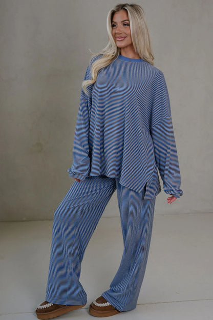 Pink Striped Drop Shoulder Long Sleeve Pant Set