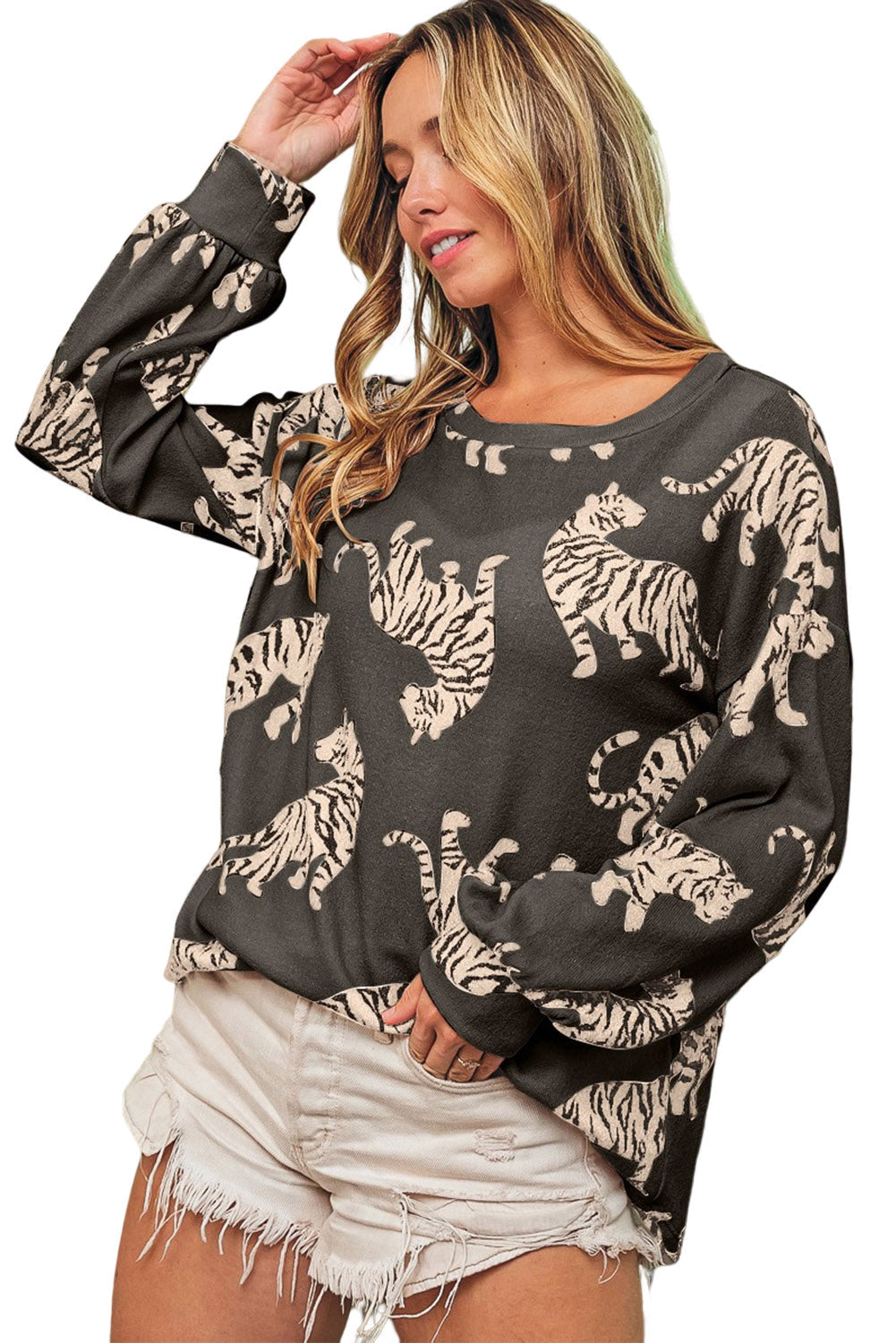 Black Printed Cheetah Print Bubble Sleeve Blouse