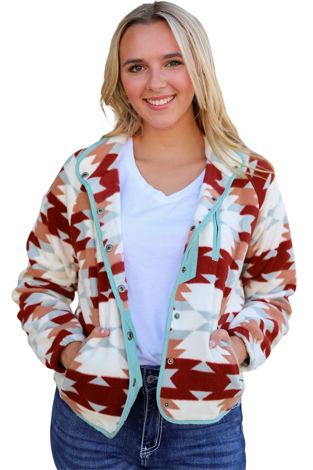 Green Geometric Aztec Pattern Plus Size Fleece Jacket