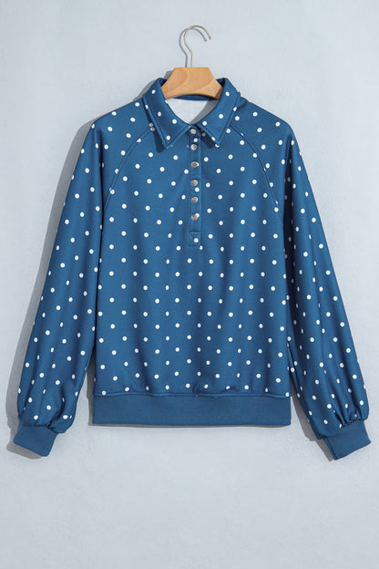 White Polka Dot Print Metal Button Collar Casual Pullover Sweatshirt