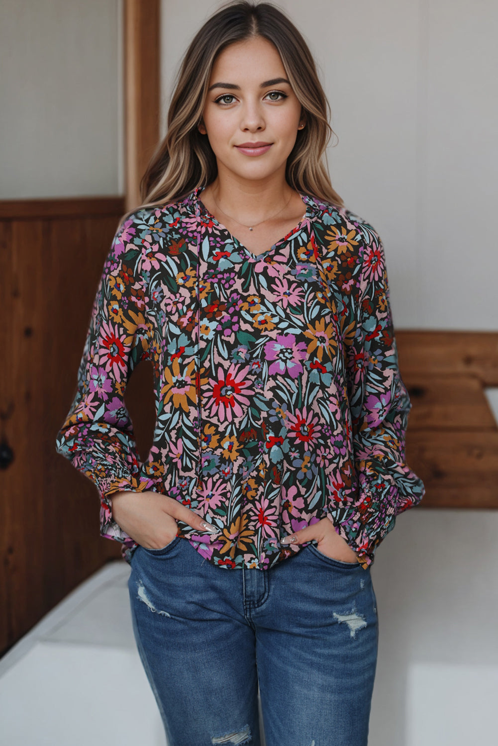 Multicolour Plus Size Floral Smocked Cuffs V-Neck Blouse