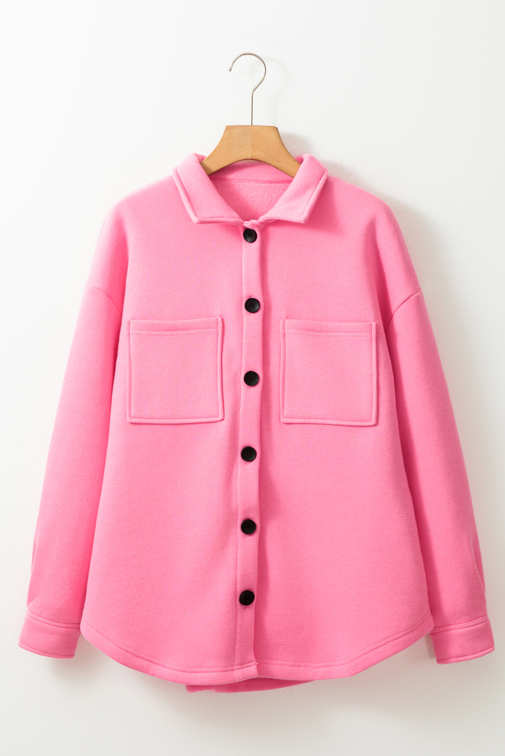 Pink Solid Color Pocketed Button up Long Sleeve Shacket