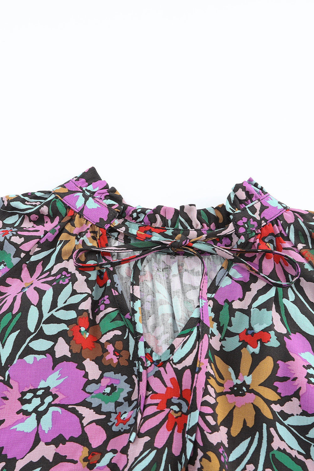 Multicolour Plus Size Floral Smocked Cuffs V-Neck Blouse