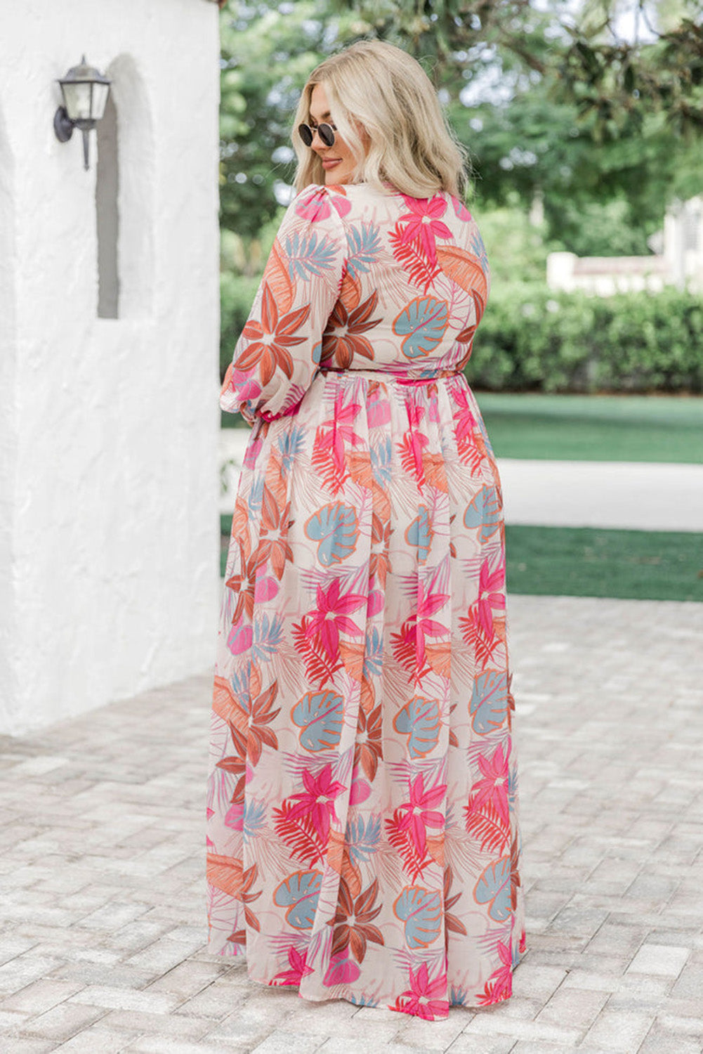 Multicolor Tropical Palm Print Tie High Waist Plus Size Maxi Dress