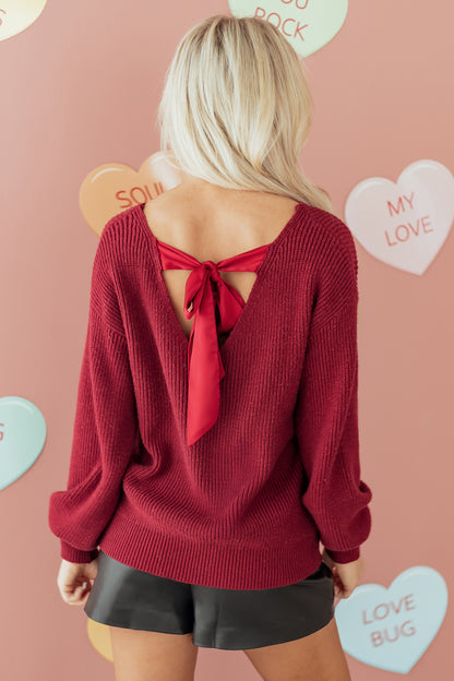 Red Dahlia Ribbed Knit Ribbon Knot Backless Drop Shoulder Sweater