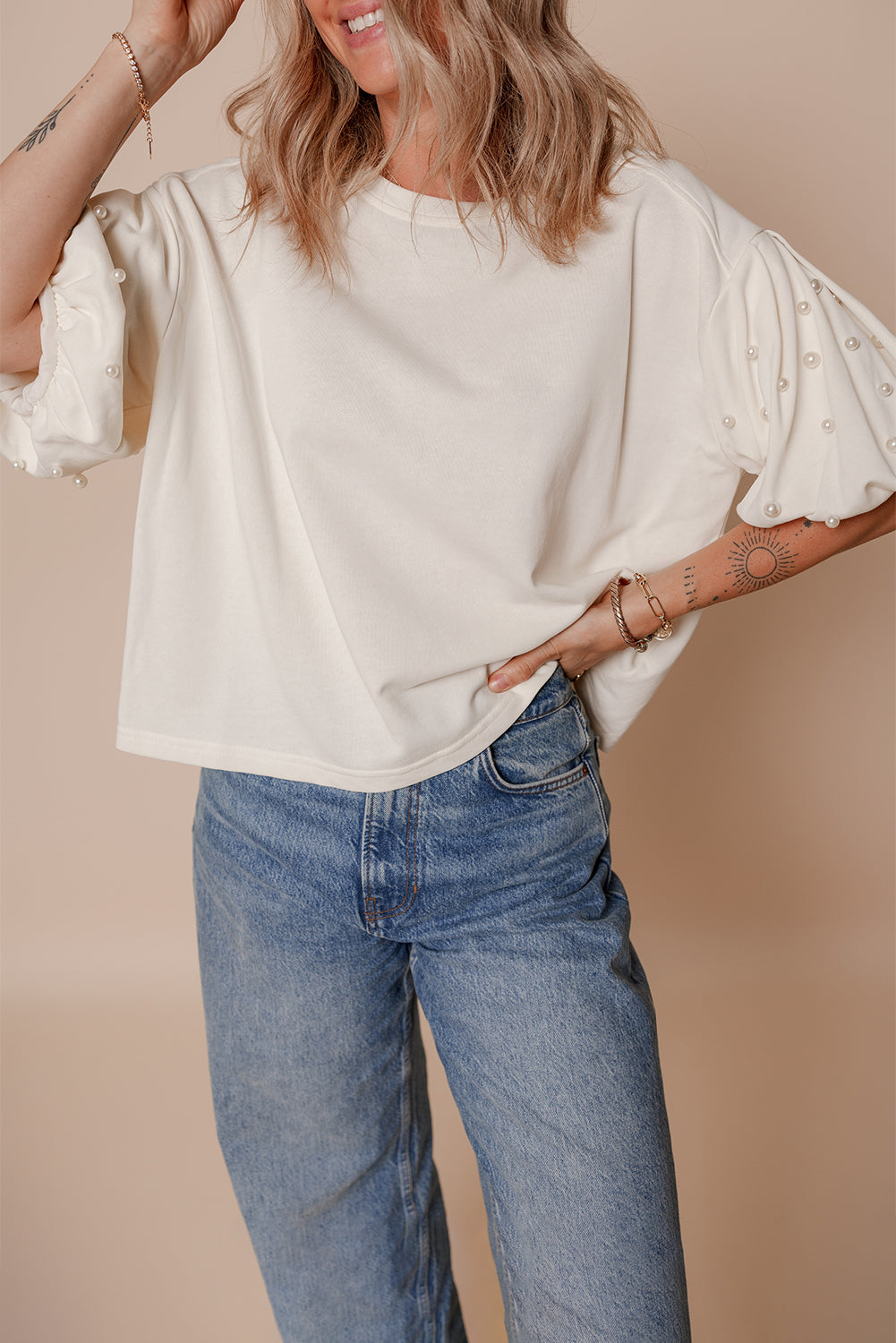 White Pearled Puff Sleeve Round Neck Loose Top