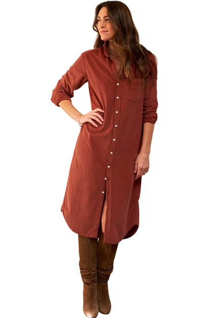 Clay Long Sleeve Button Down Corduroy Midi Length One Piece Dress