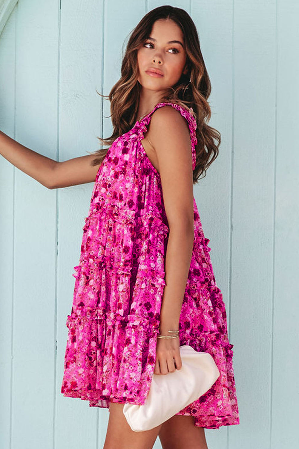 Tiered Ruffled Square Neck Sleeveless Floral Mini Dress