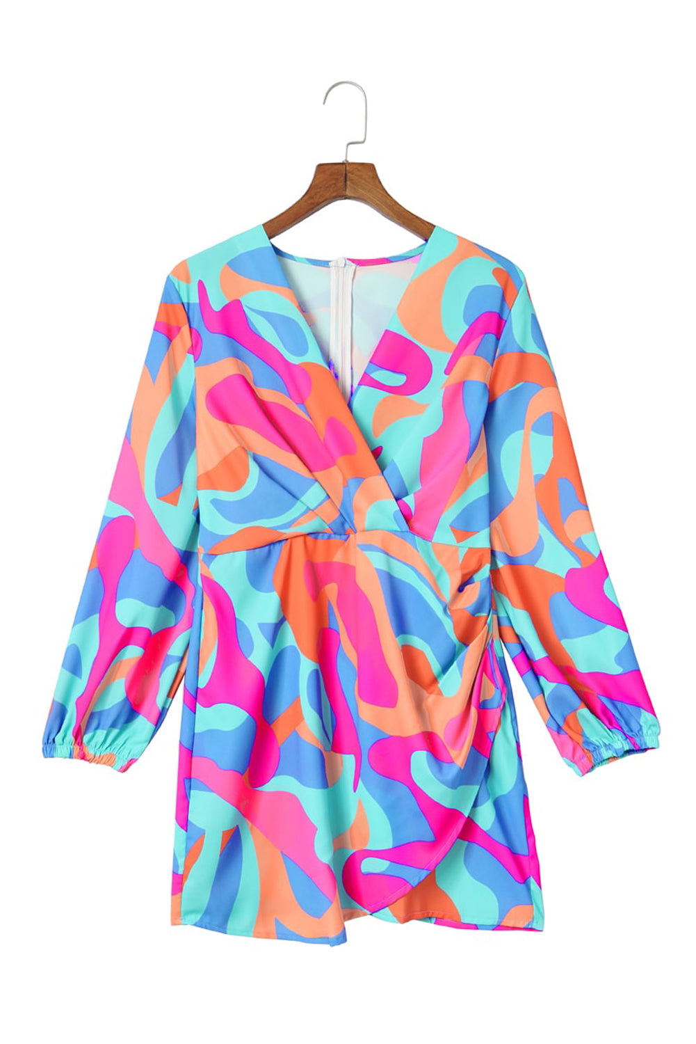 Multicolor Plus Size Abstract Print Pleated Surplice Long Sleeve Dress