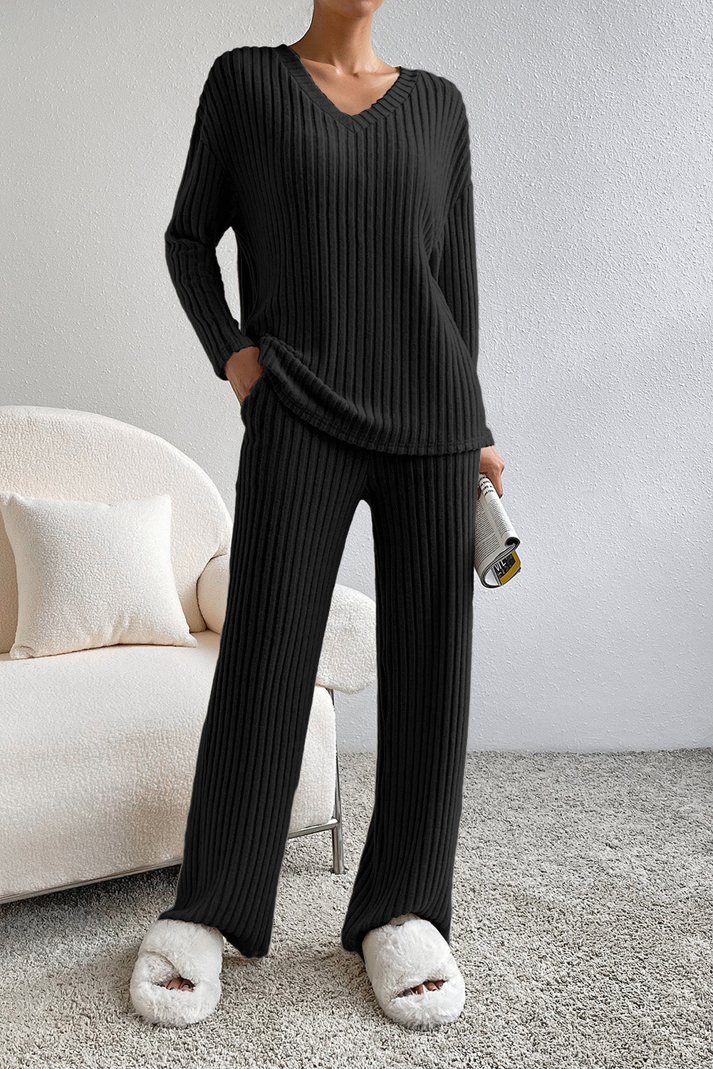 Black Plus Size Ribbed V Neck Pullover and Pants Set