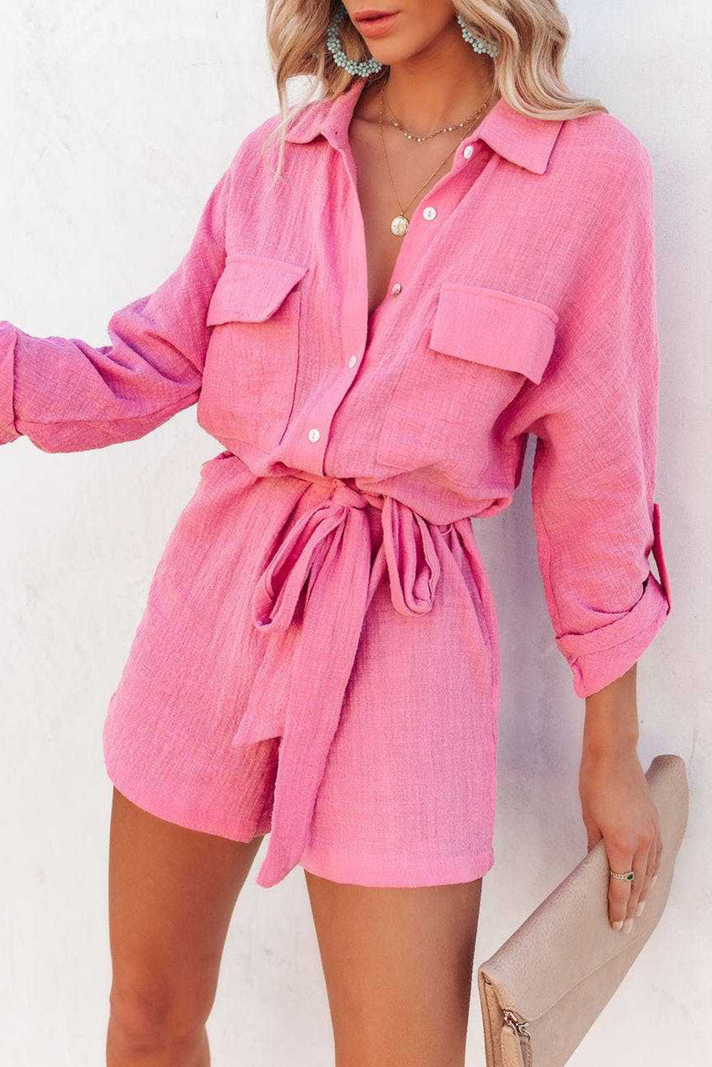 Roll Tab Sleeve Button Shirt Style Belted Romper