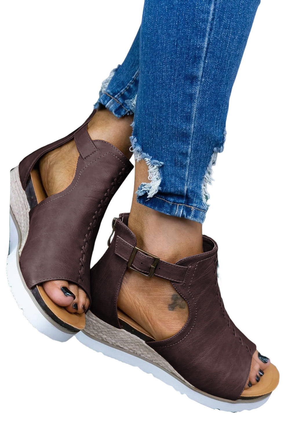 Brown PU Cutout Buckle Strap Platform Sandals