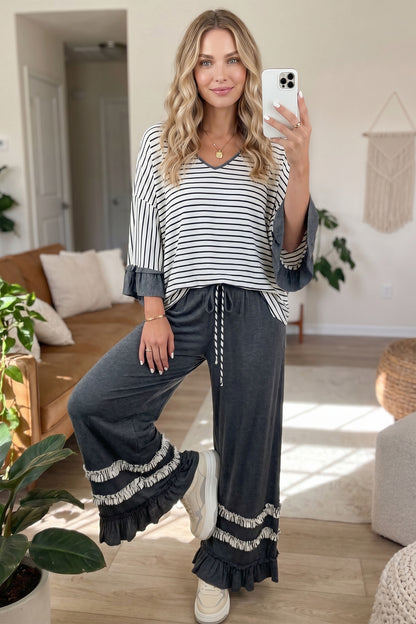 Gray Stripe V Neck Ruffle Contrast Sleeve Drawstring Pants 2pcs Set