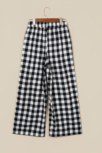 Brown Gingham Plaid Tie Elastic Waist Shift Pants