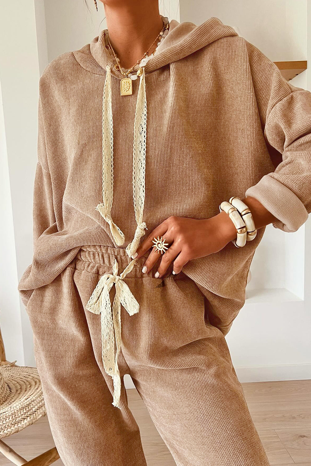 Dark Khaki Drawstring Pullover Hoodie and High Waist Pants Corduroy Suit