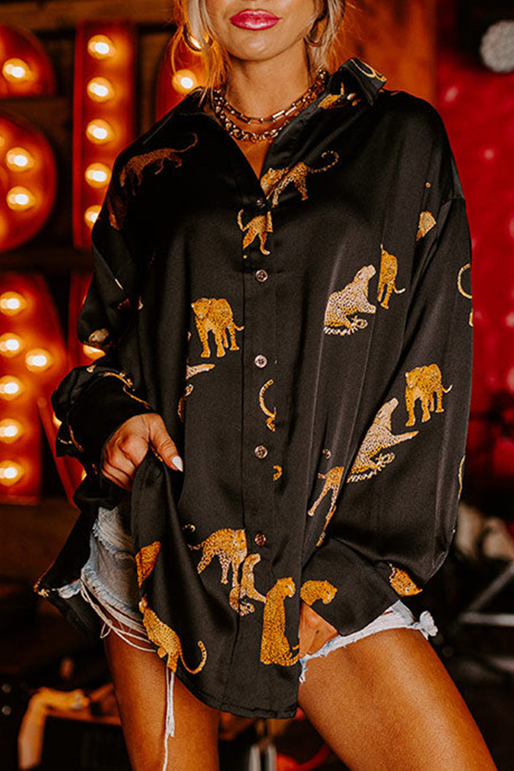 Russet Orange Cheetah Animal Print Button Up Satin Shirt