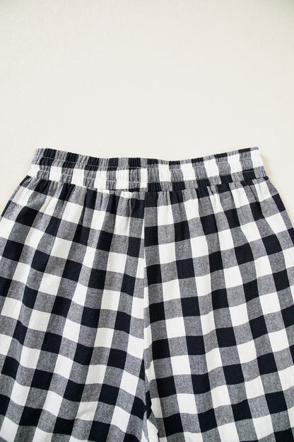 Brown Gingham Plaid Tie Elastic Waist Shift Pants
