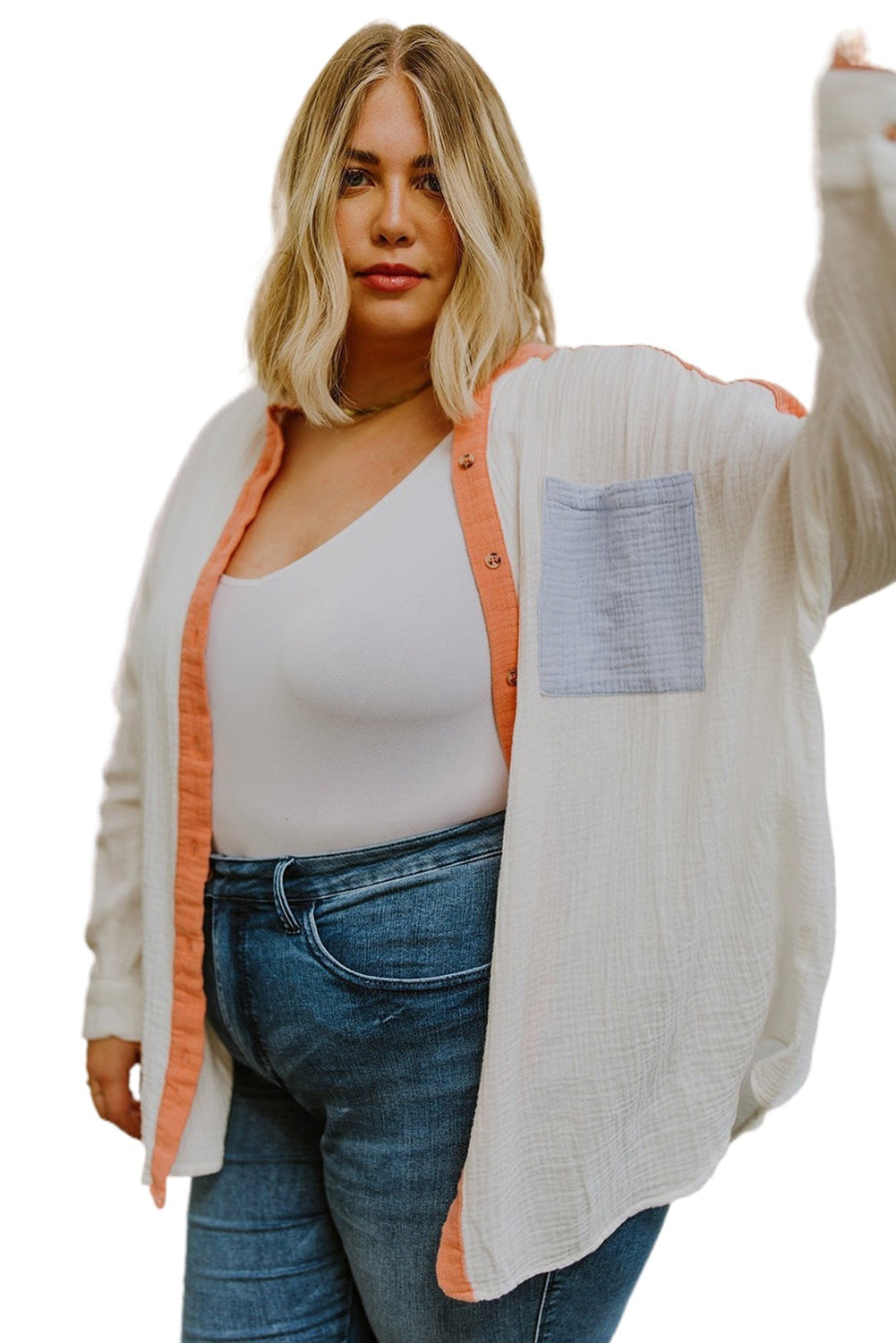 Crinkle Colorblock Chest Pocket Plus Size Shirt