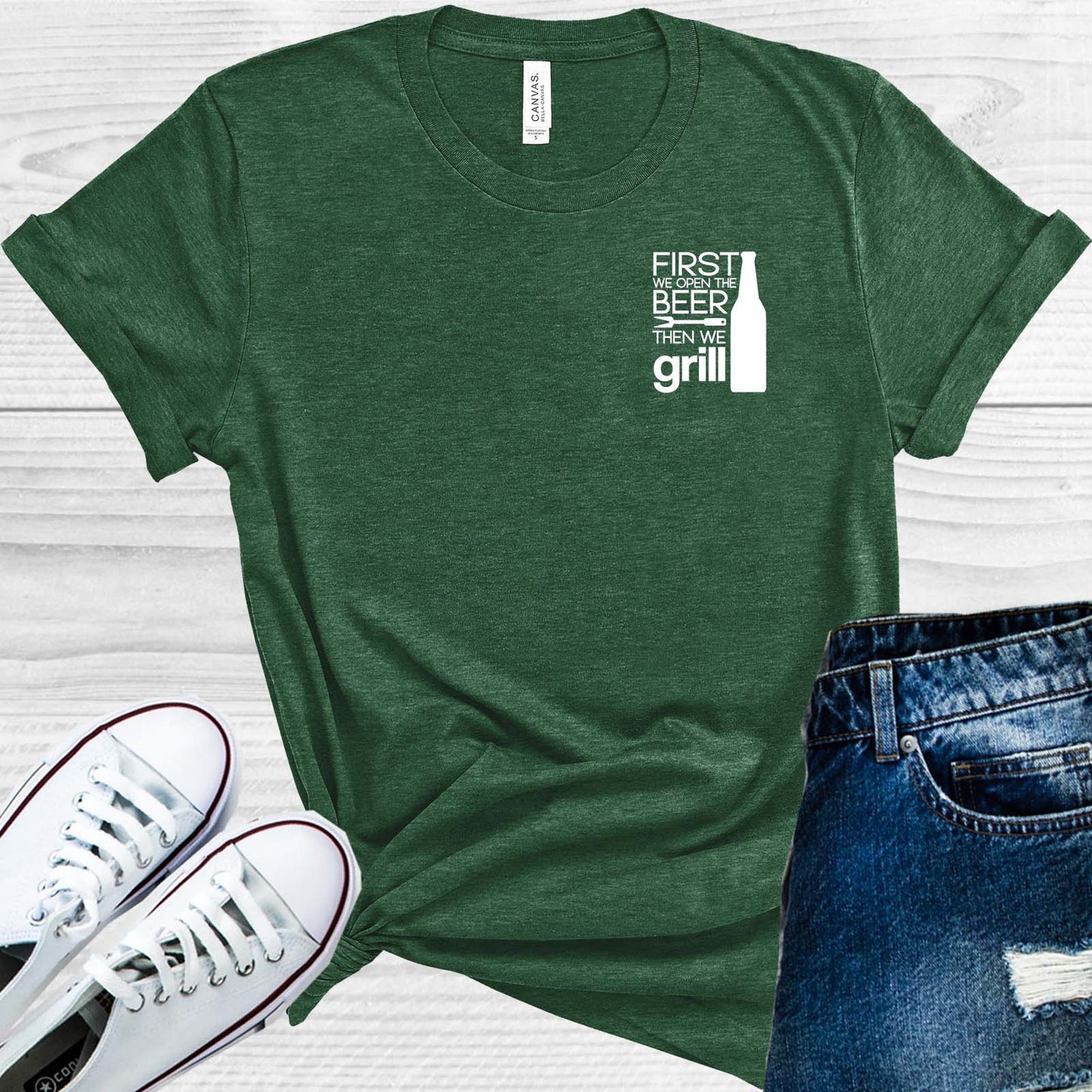 First We Open the Beer Then We Grill Pocket Graphic Tee