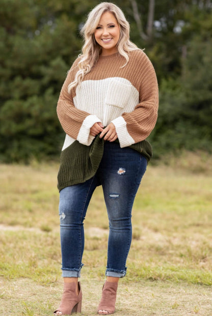 Khaki color block plus size sweater