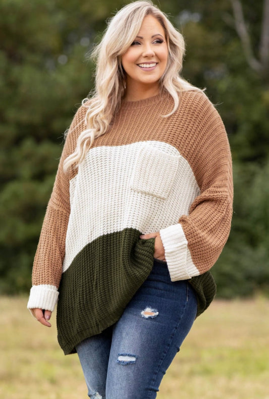 Khaki color block plus size sweater